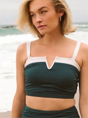 NWT- Albion NAUTICAL V CROP swim top in the color STEEL BLUE size: M